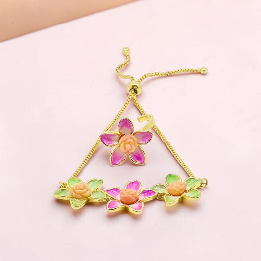 Gold Flower Bracelet Ring Set
