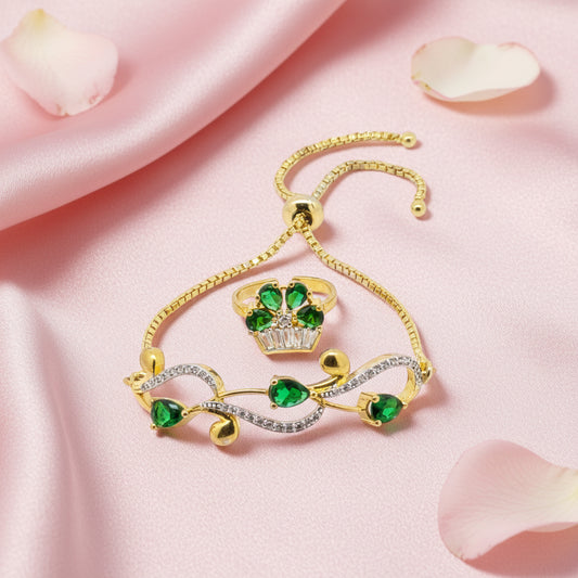 Gold Bracelet & Crown Ring Set