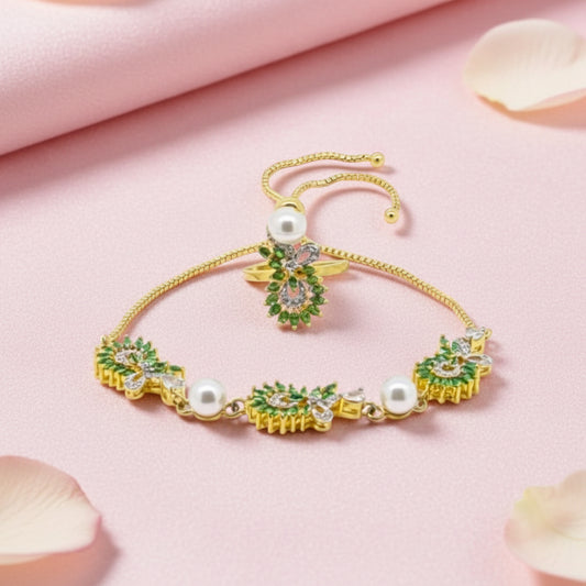 Gold Pearl & Green Leaf Bracelet Ring Set