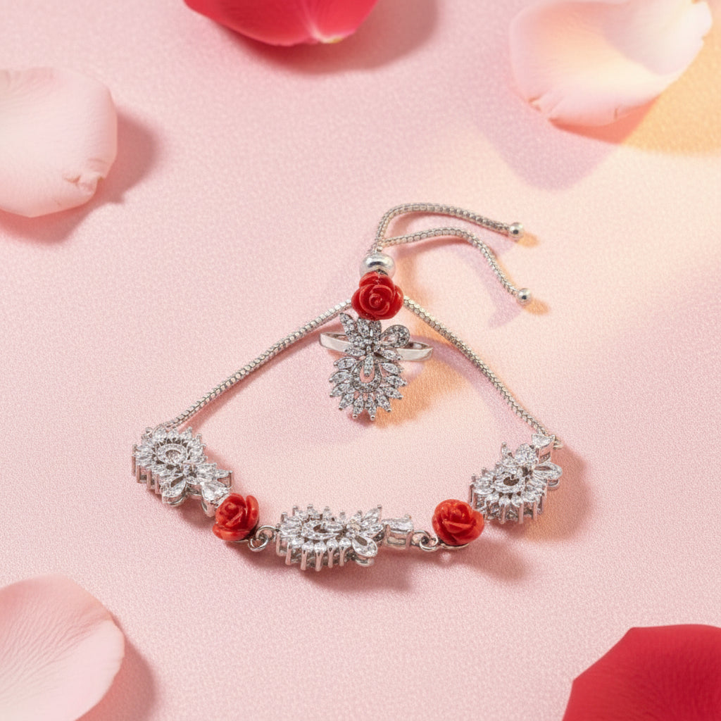 Silver Coral Rose Bracelet and Ring Set
