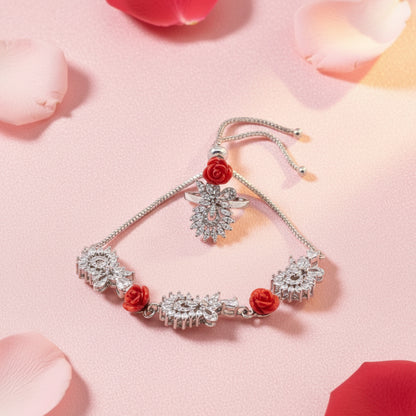 Silver Coral Rose Bracelet and Ring Set