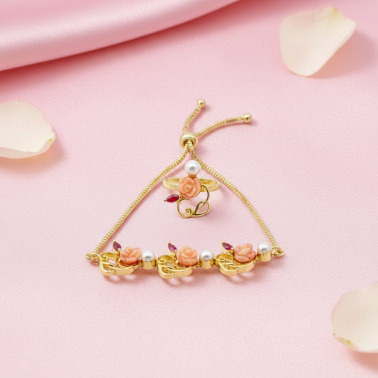 Floral Rose Bracelet & Ring Set Gold