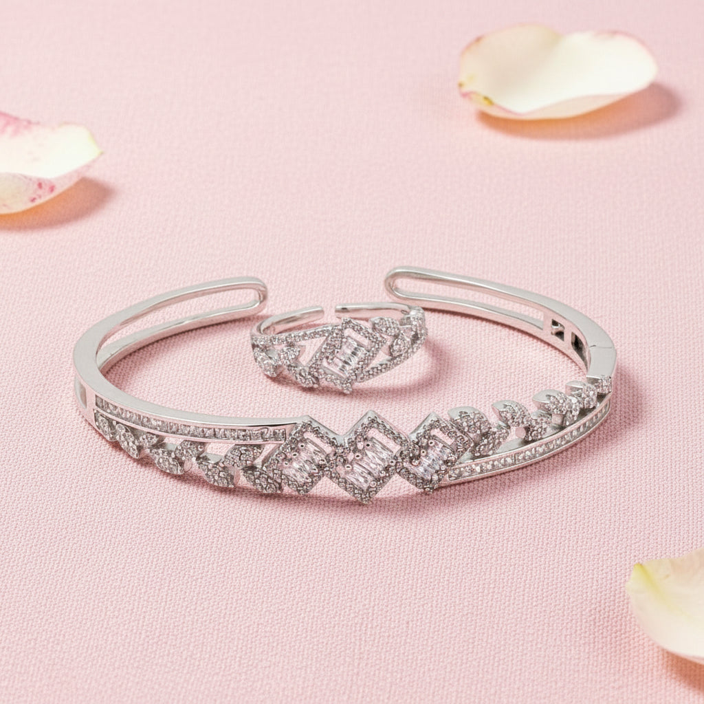 Silver Bracelet Ring Set Diamond Accent