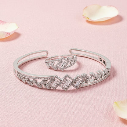 Silver Bracelet Ring Set Diamond Accent