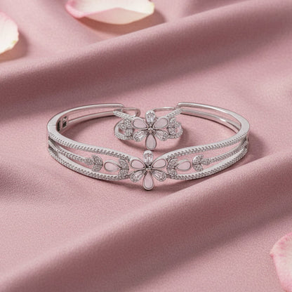 Silver Bracelet Ring Set - Floral CZ