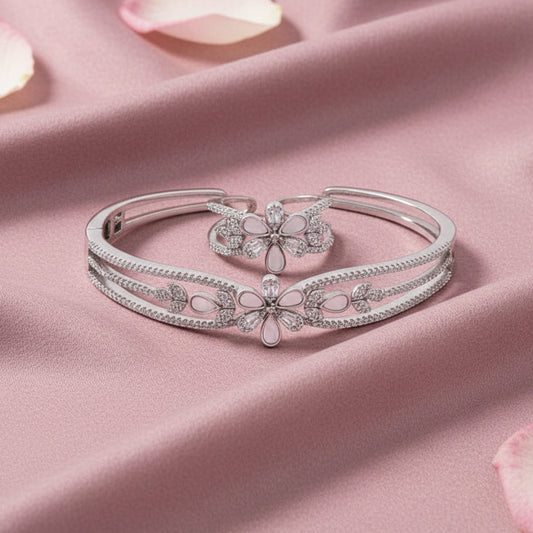 Silver Bracelet Ring Set - Floral CZ