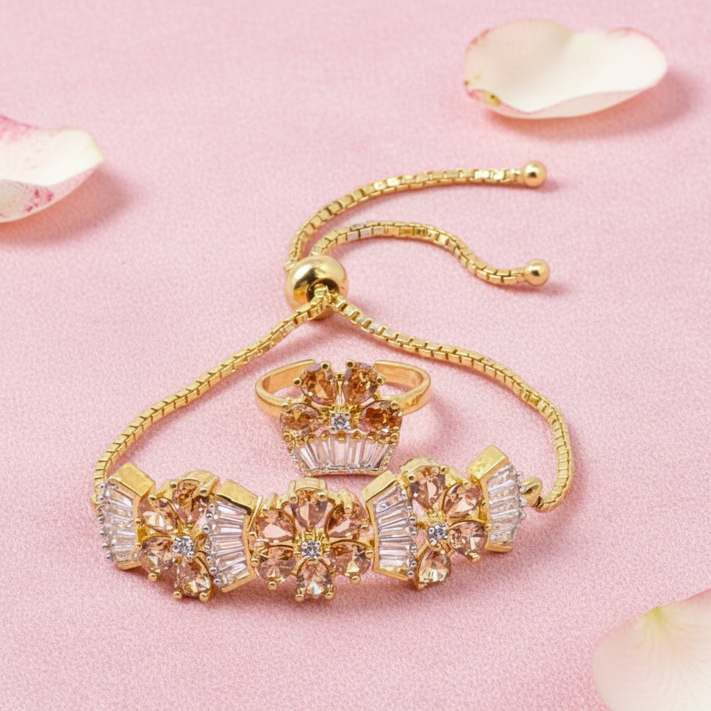 Gold Bracelet Ring Set with Champagne Gems