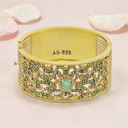 Sterling Silver Kada Bracelet with Emeralds &amp; Rubies