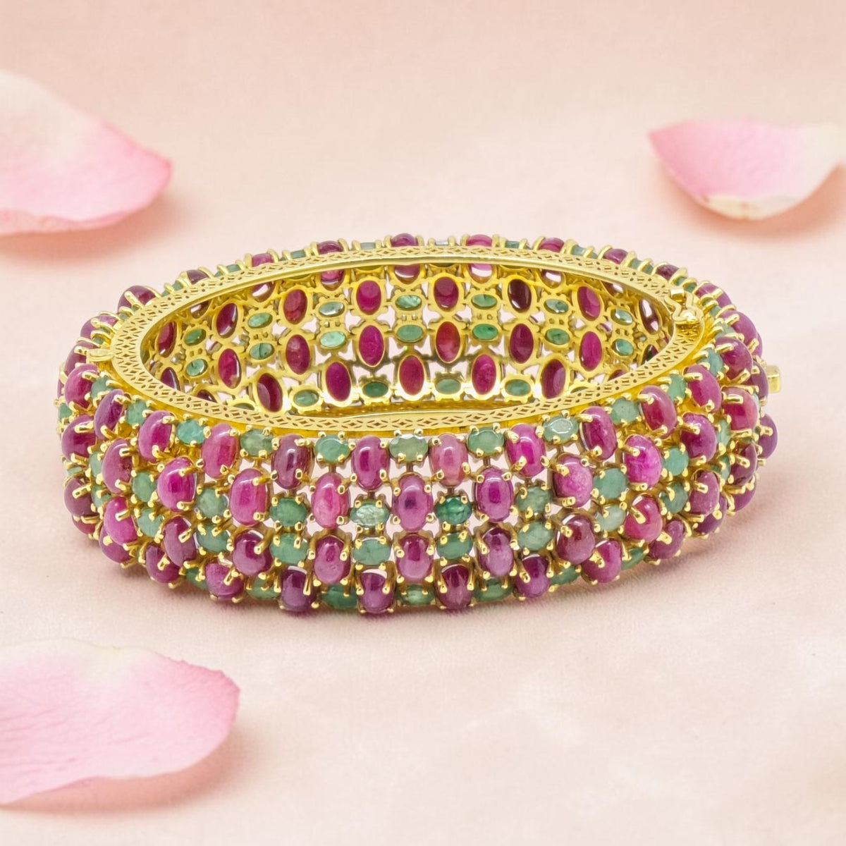 Gold Plated Ruby Emerald Silver Kada Bracelet