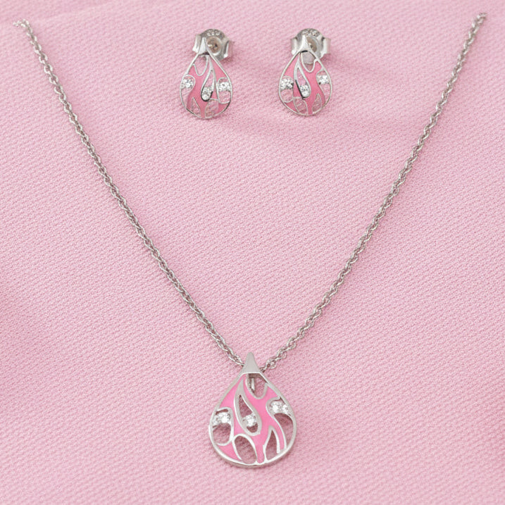 Silver Pink Enamel Drop Necklace Set