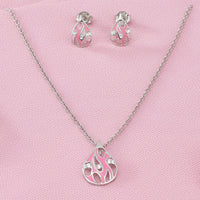 Silver Pink Enamel Drop Necklace Set