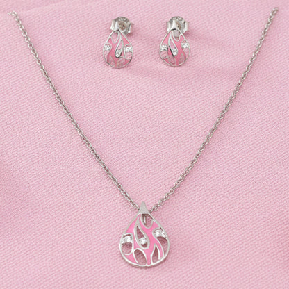 Silver Pink Enamel Drop Necklace Set