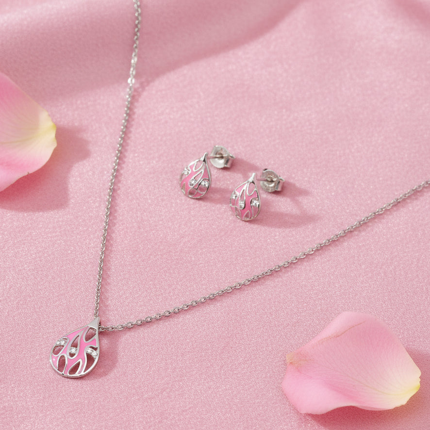 Silver Pink Enamel Drop Necklace Set