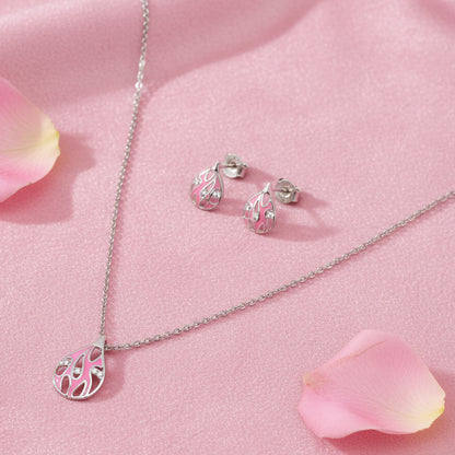 Silver Pink Enamel Drop Necklace Set