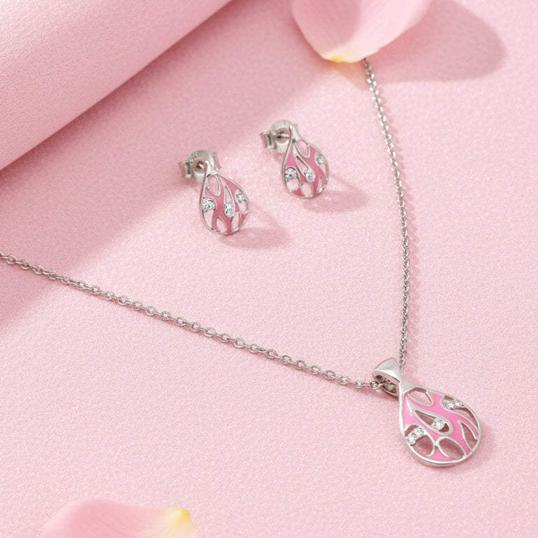 Silver Pink Enamel Drop Necklace Set