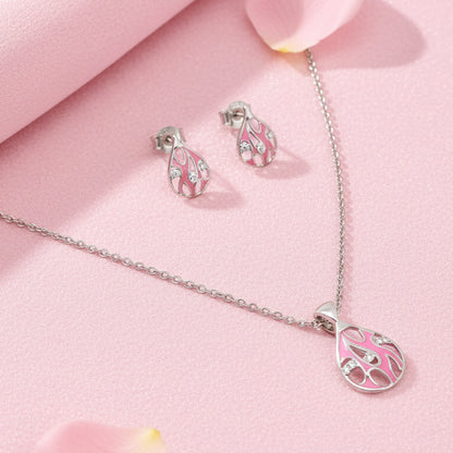Silver Pink Enamel Drop Necklace Set