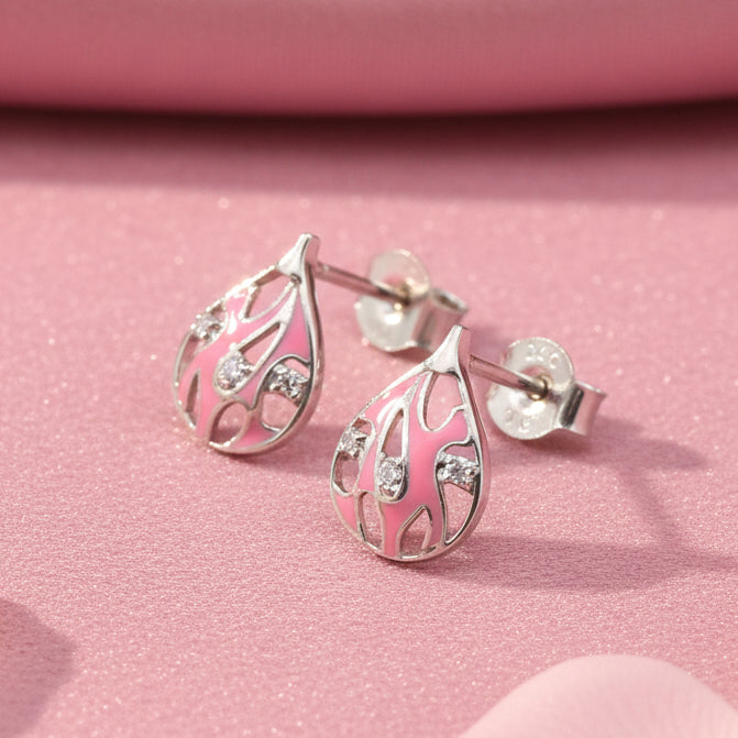 Silver Pink Enamel Drop Necklace Set