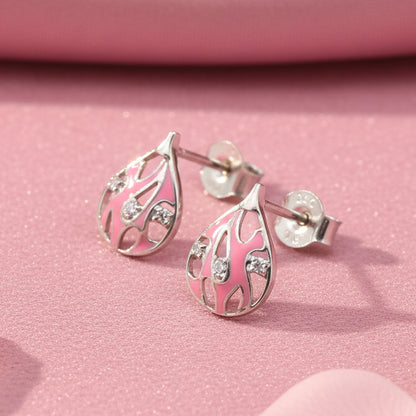 Silver Pink Enamel Drop Necklace Set