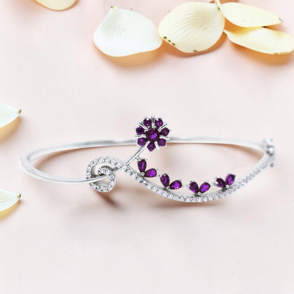 Silver Kada Bracelet with Pink Flower