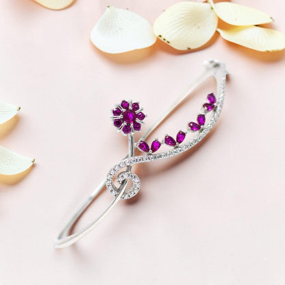 Silver Kada Bracelet with Pink Flower
