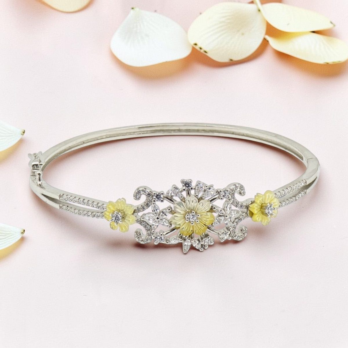 Silver Kada Bracelet with MOP Flowers
