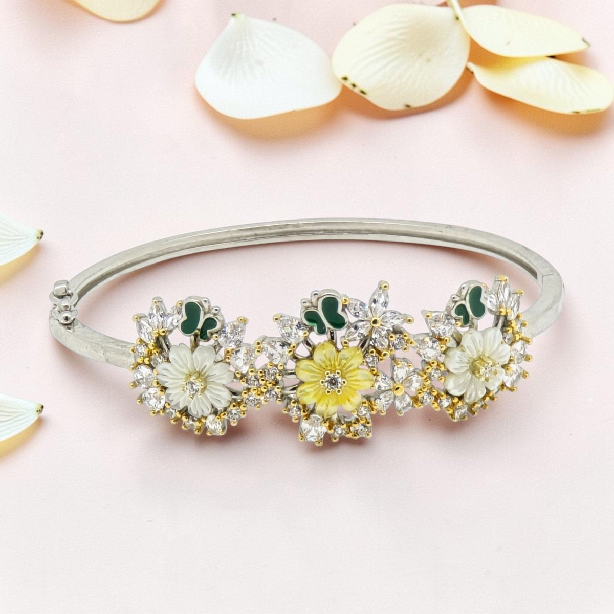 Silver Kada Bracelet with MOP Flowers