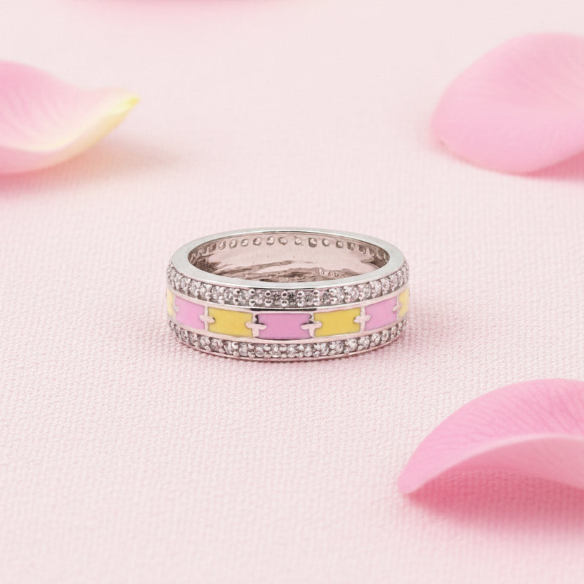 Meena Ring with Pink and Yellow Enamel