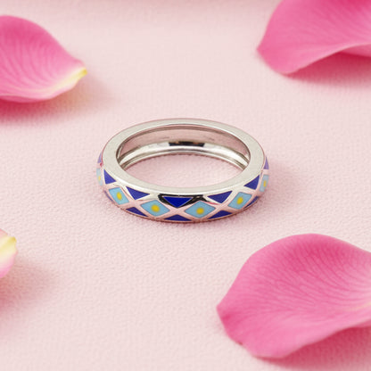 Meena Rings Blue and Yellow Diamond Pattern Ring