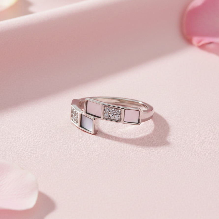 Silver MOP and CZ Square Bypass Ring - Meena Rings