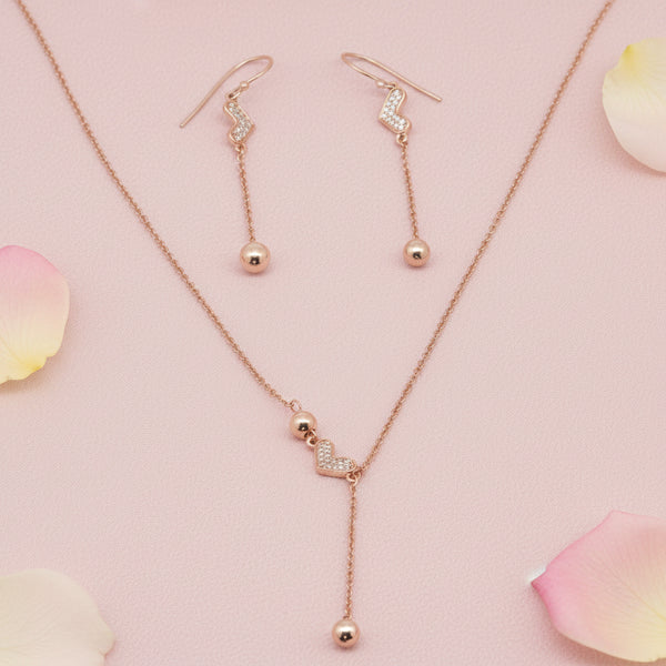 Rose Gold Heart Necklace and Earrings Set