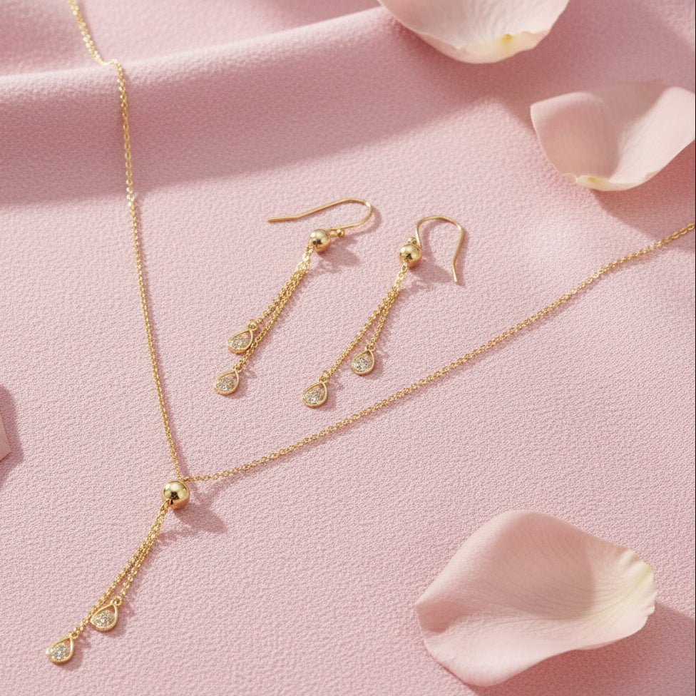 Gold Necklace and Earring Set with Pendants