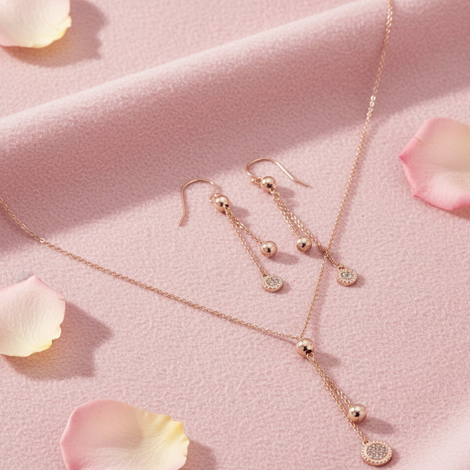 Rose Gold Ball Drop Necklace and Earrings Set