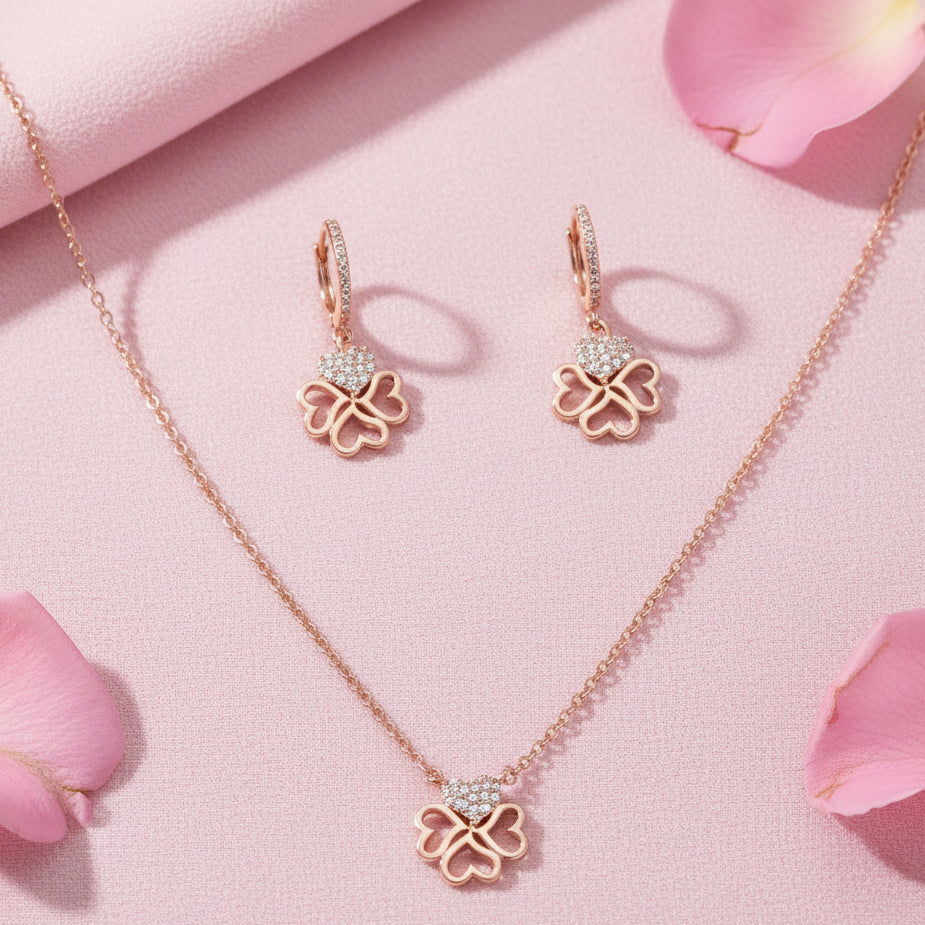 Silver 925 Heart Clover Necklace Set