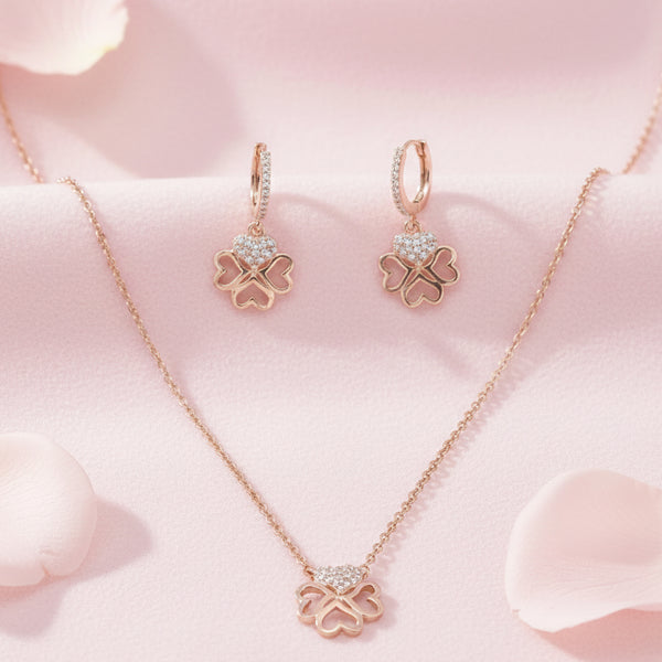 Silver 925 Heart Clover Necklace Set