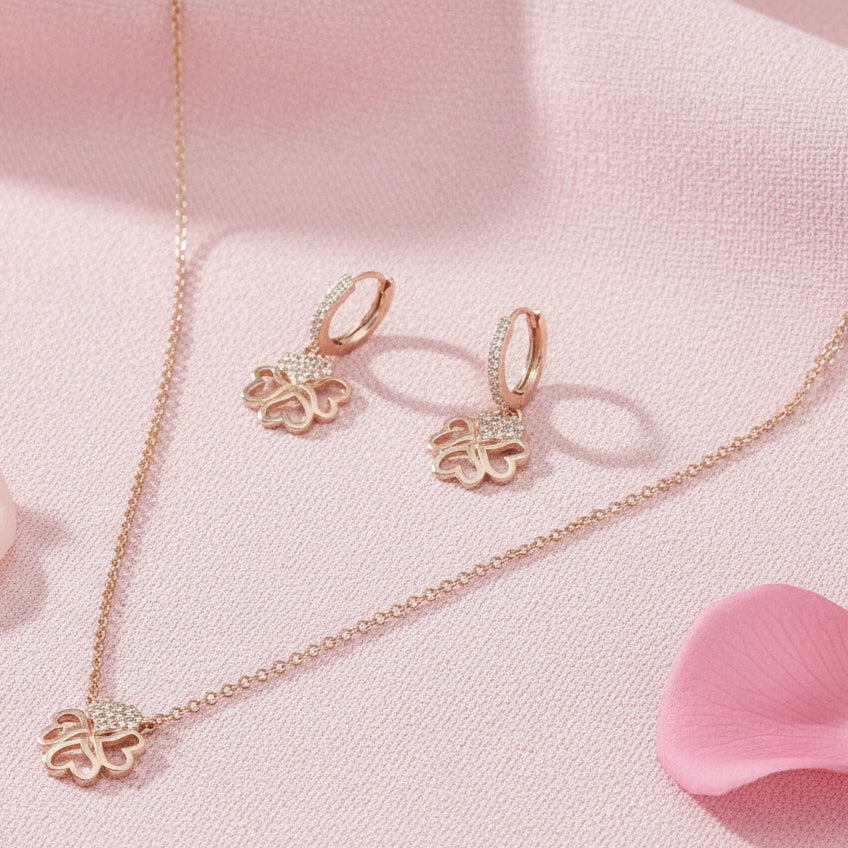 Silver 925 Heart Clover Necklace Set