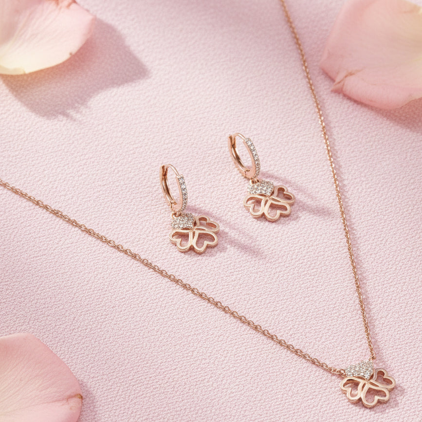 Silver 925 Heart Clover Necklace Set