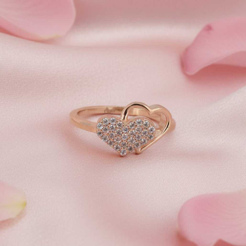 Rose Gold Double Heart Studded Ring