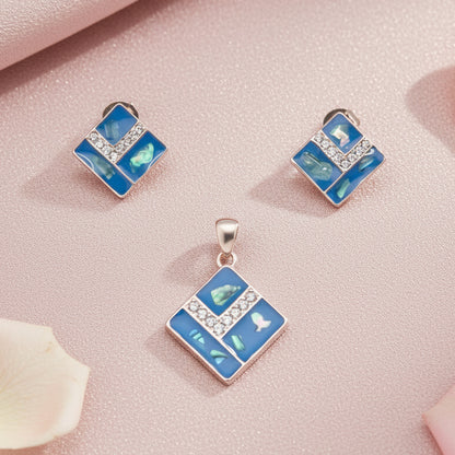 Blue Mother Of Pearl Pendant and Earrings Set