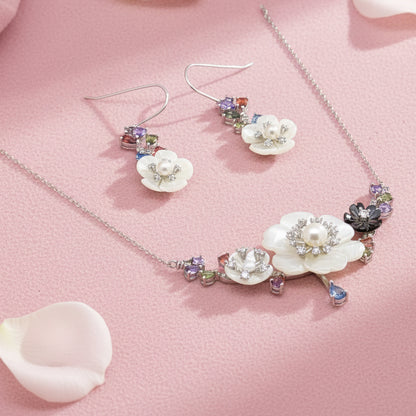 Mother of Pearl Flower Pendant Set Silver 925