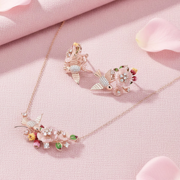 Silver Mother Of Pearl Flower Bird Necklace Set