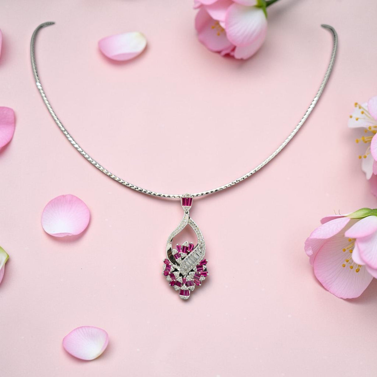 Silver 925 Ruby and Diamond Necklace Set