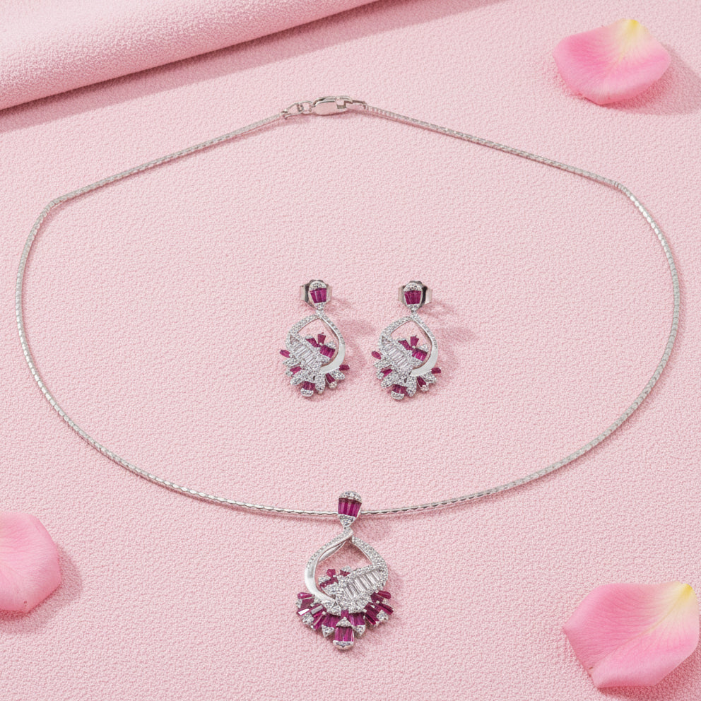 Silver 925 Ruby and Diamond Necklace Set