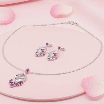 Silver 925 Ruby and Diamond Necklace Set