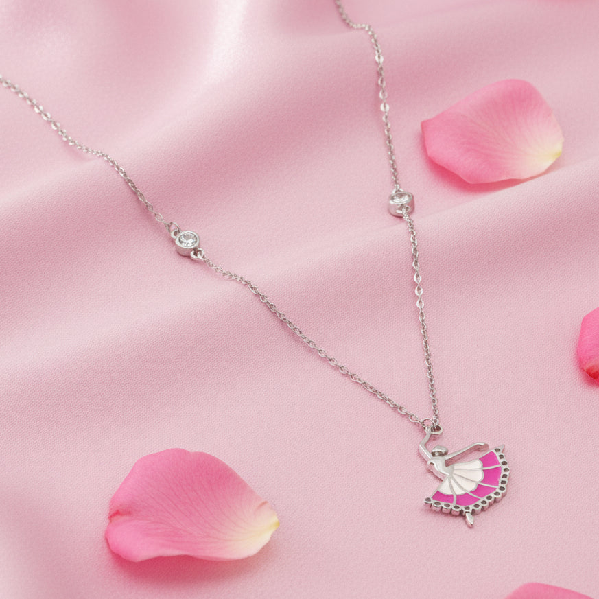 Ballet Dancer CZ Necklace Set Sterling Silver