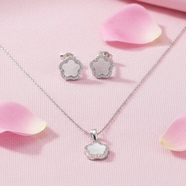Silver 925 Flower Mother of Pearl Necklace Set