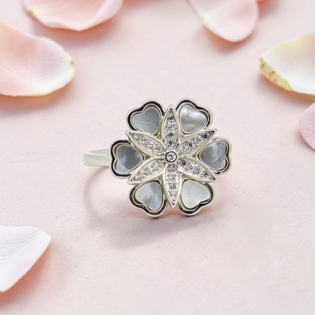 Meena Rings Elegant Flower Ring with MOP and CZ