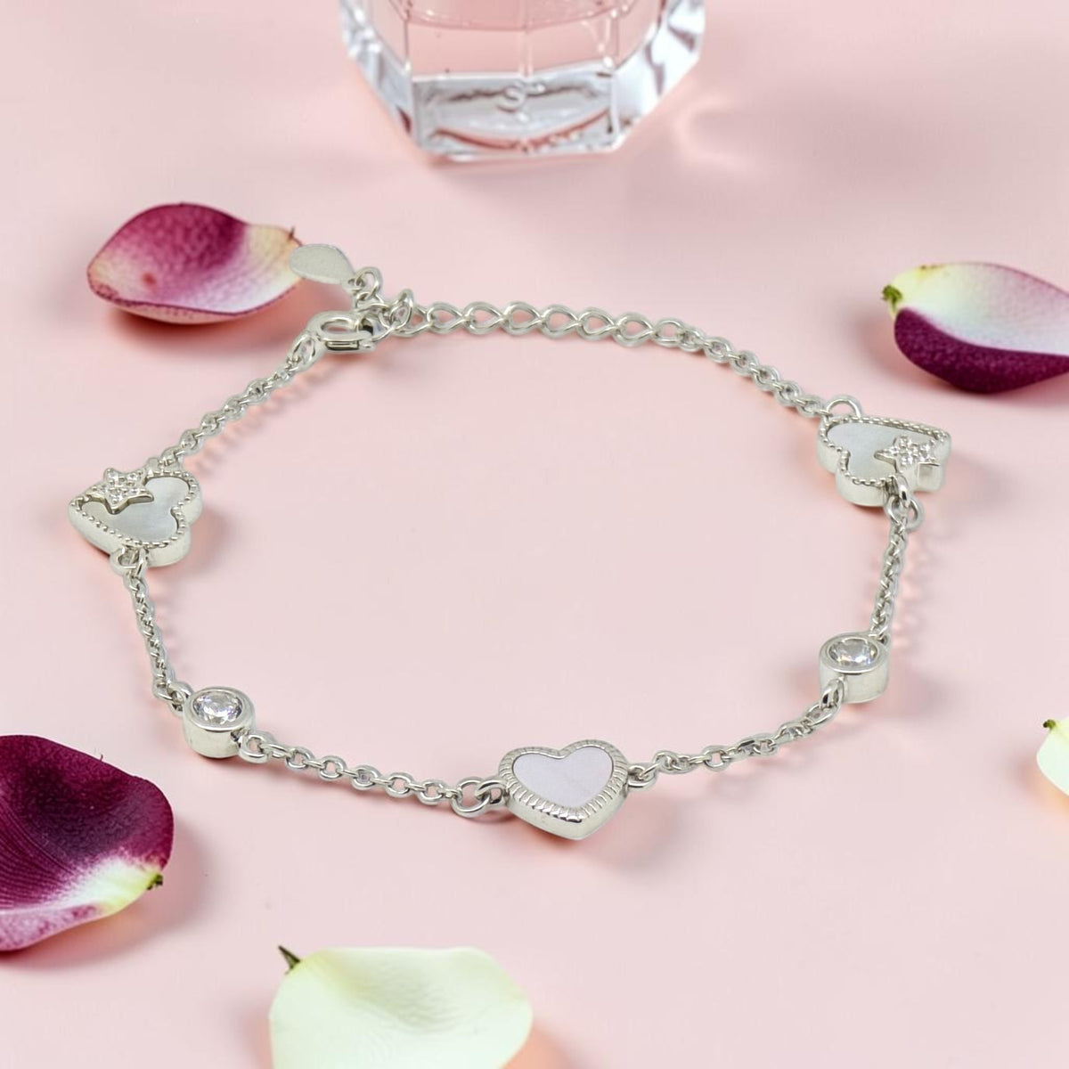 Heart Clover - Mother of Pearl CZ Silver Bracelet