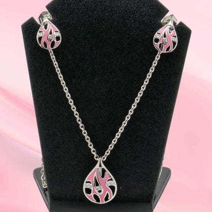 Silver Pink Enamel Drop Necklace Set