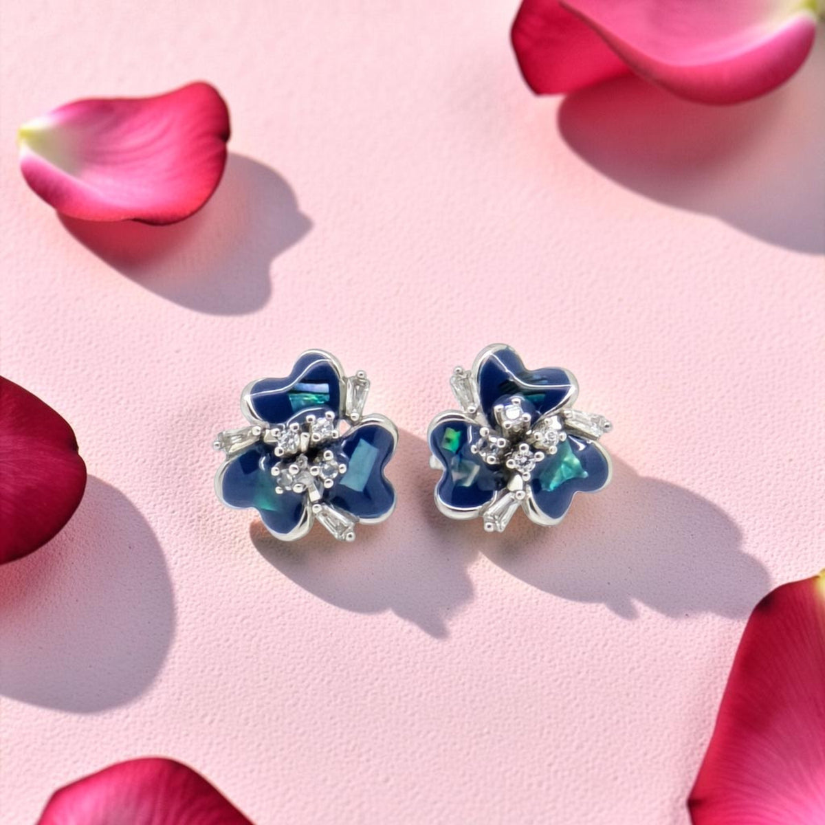 Sterling Silver Blue Enamel Flower Earrings