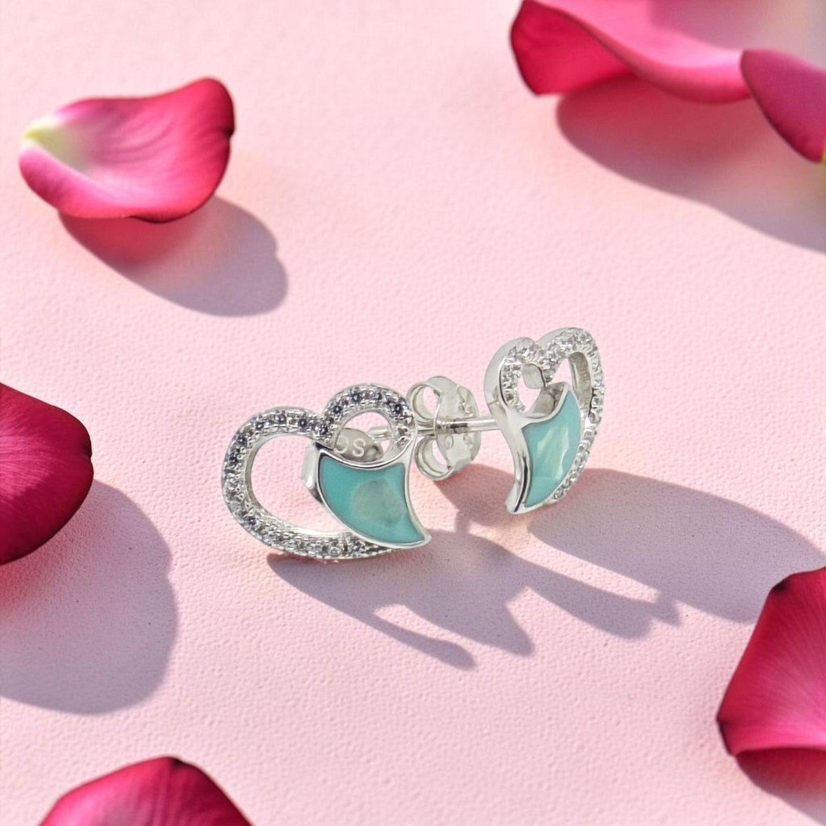 Silver Heart Earrings with Turquoise Detail